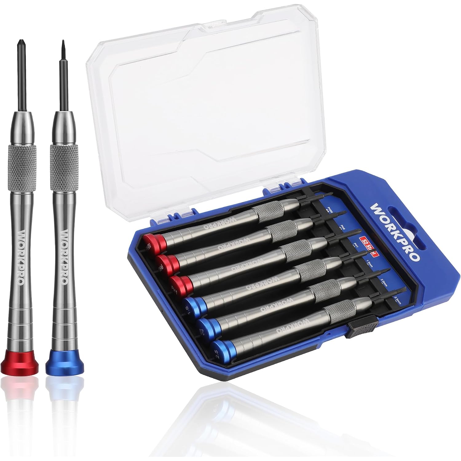 Magnetic screwdriver set with six alloy tips inside a blue plastic storage case