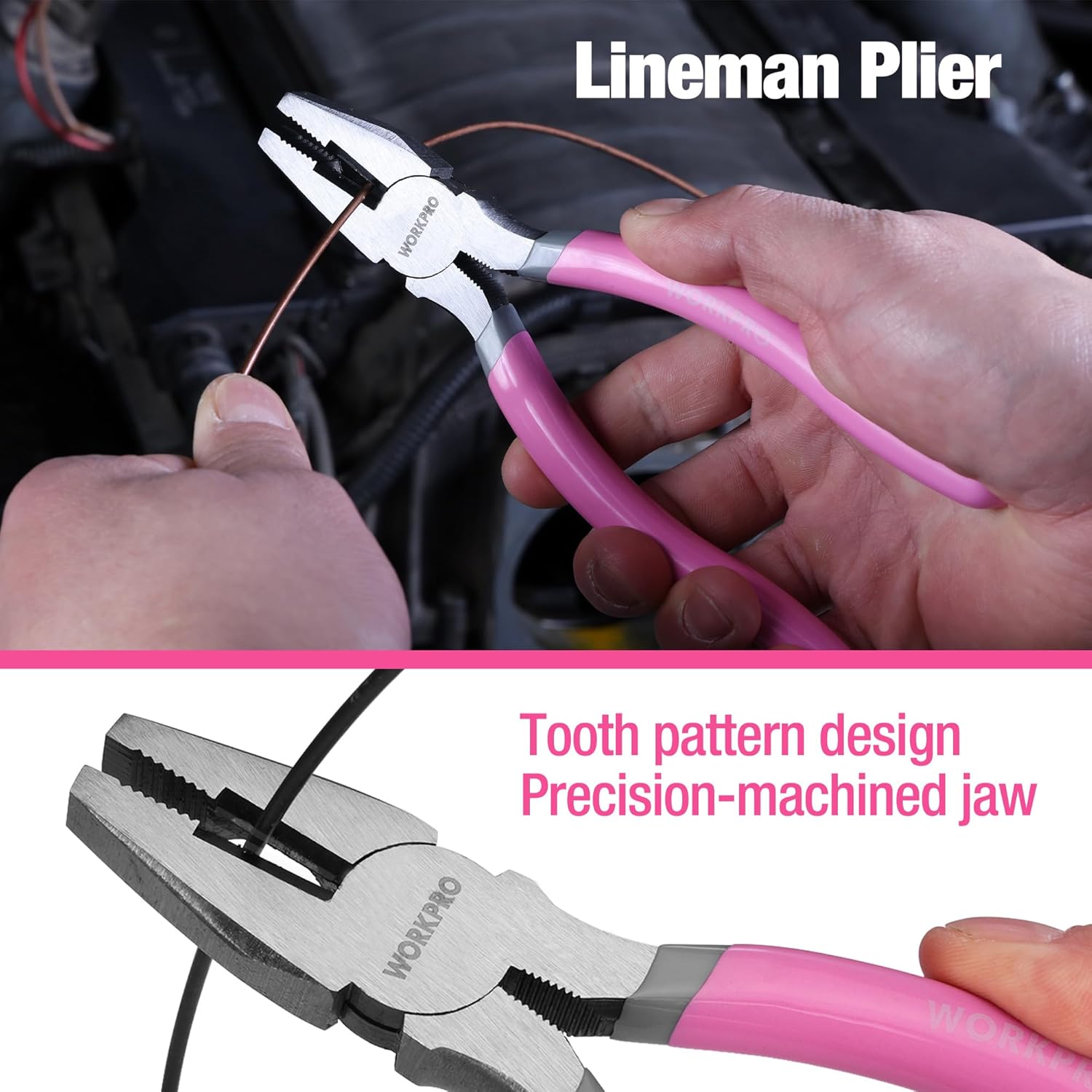 Pink-handled lineman plier gripping and cutting wire in an engine bay
