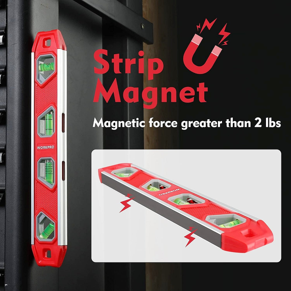 Magnetic red torpedo level with 4 green bubble vials and strong holding grip