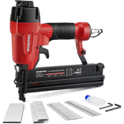 Red and black WORKPRO pneumatic nailer with magazine and accessories laid out