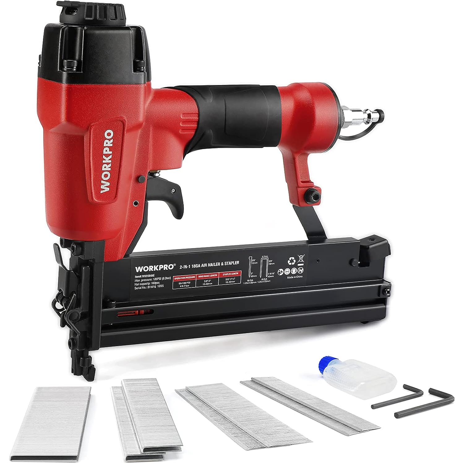 Red and black WORKPRO pneumatic nailer with magazine and accessories laid out