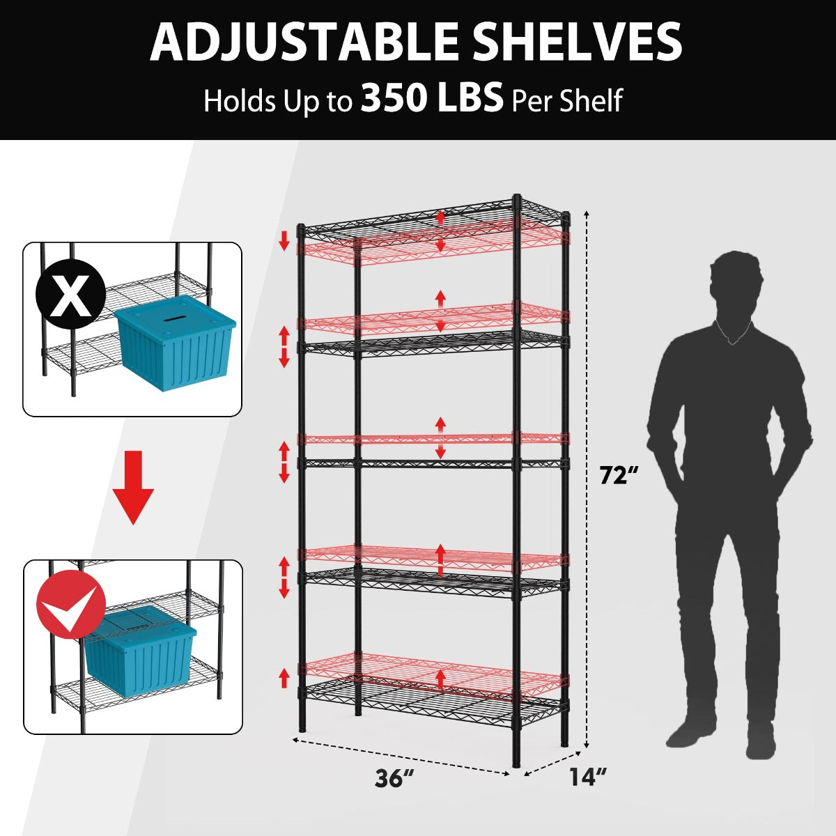 Adjustable black wire shelving rack with multiple tiers and steel frame