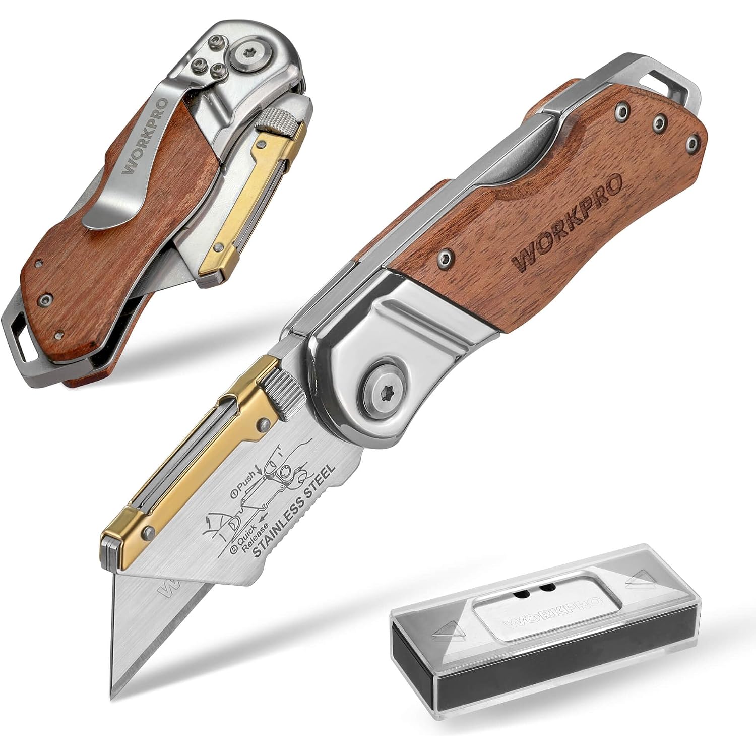 Folding utility knife set with wood handles, stainless blades, and blade storage case.