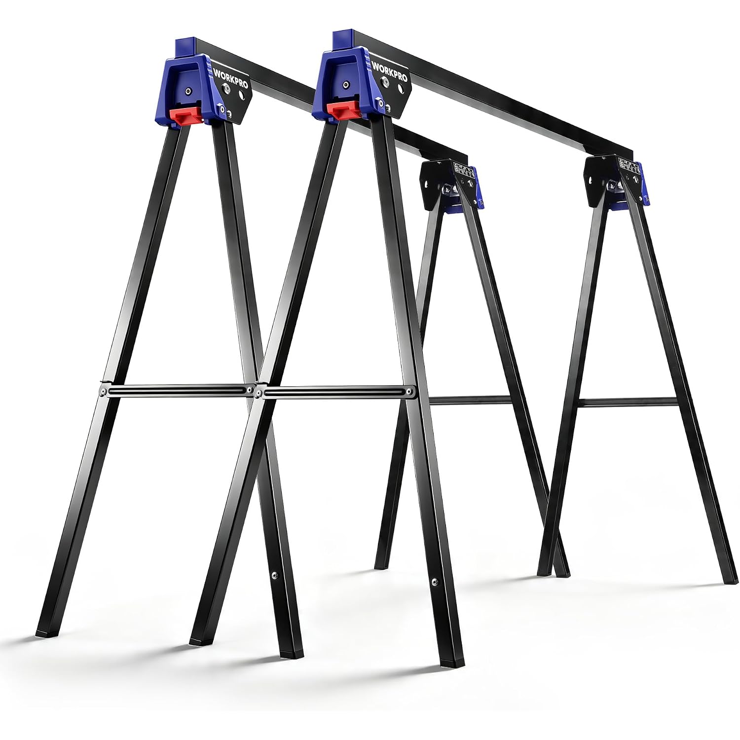 WORKPRO Folding Saw Horses 2 Pack, Heavy Duty Metal Sawhorse Supports 1800 lbs per Pair, Portable Foldable Work Stand with Lock & Carry Design for Woodworking, Garage, Workshop & Jobsite