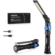 WORKPRO rechargeable work light kit with flashlight, charging cables, and retail packaging box.