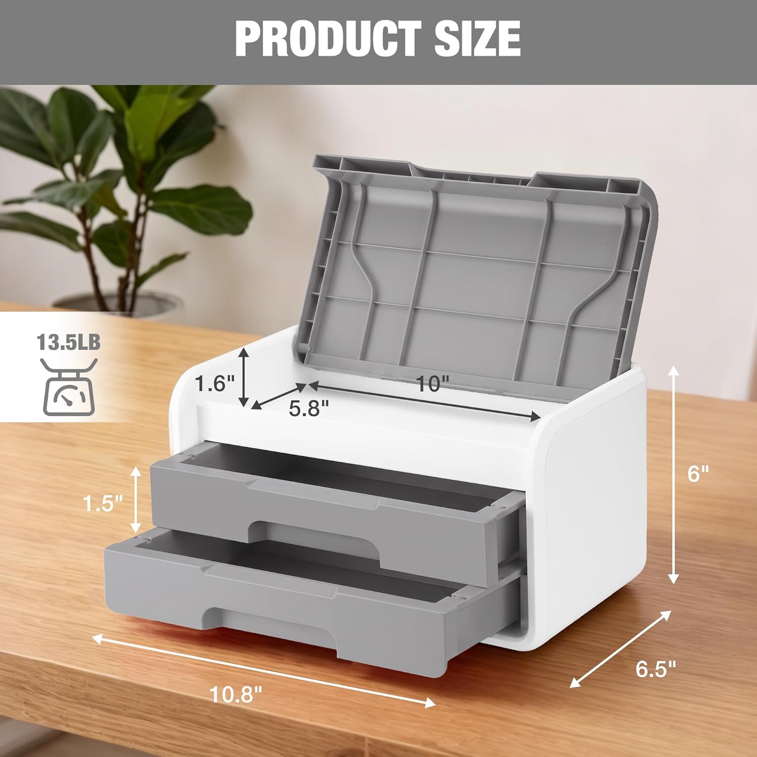 Grey and white desktop drawer organizer with flip-top lid and two drawers on tabletop