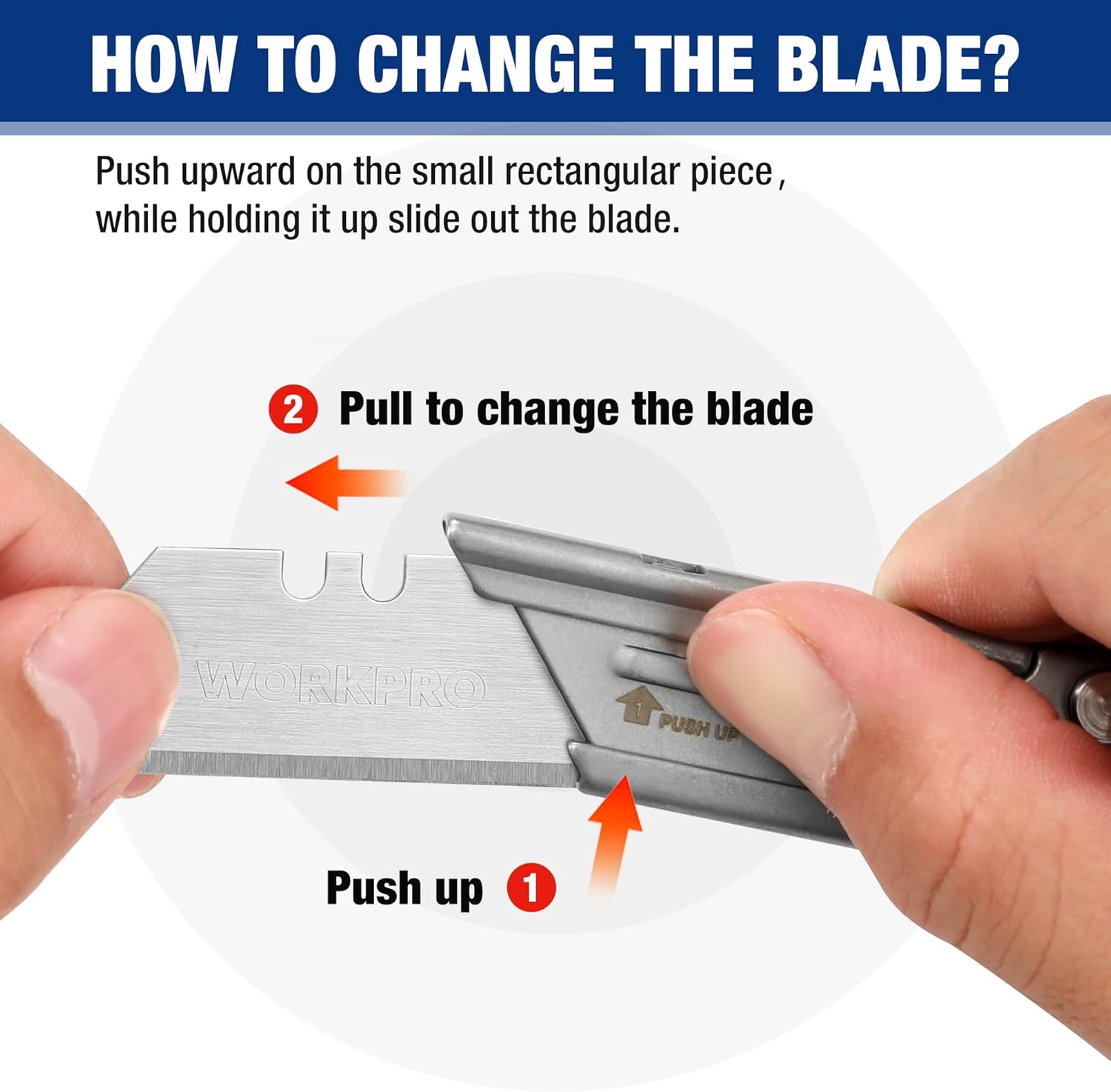 WORKPRO folding utility knife blade change showing push and pull steps