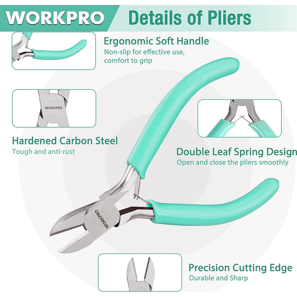 Precision jewelry pliers with soft grip turquoise handles and double-leaf spring hinge
