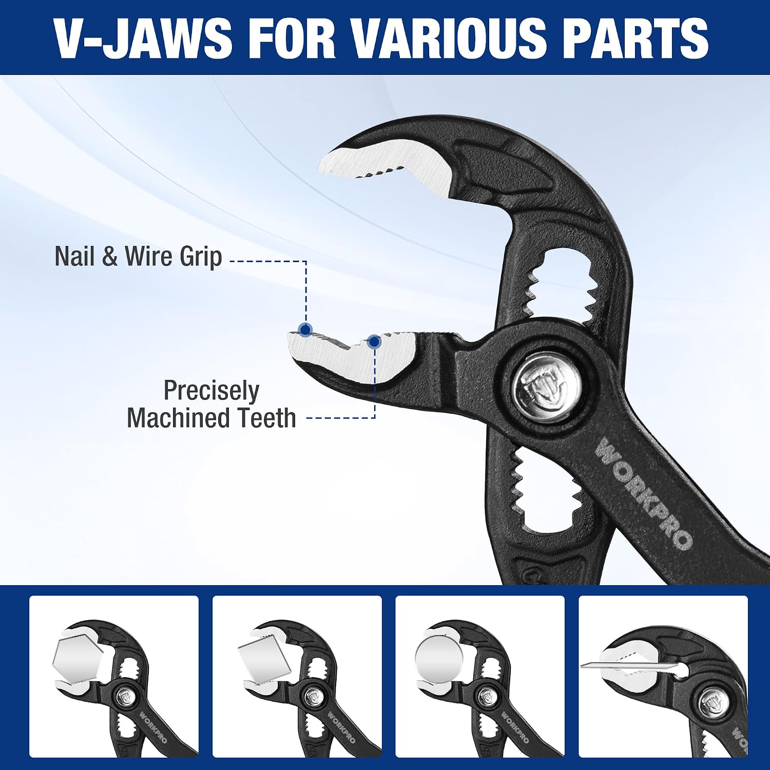 Black V-jaw water pump pliers with serrated nail and wire grip jaws, blue handles