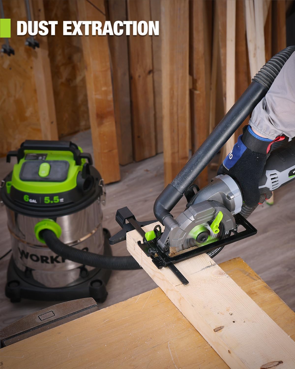 Circular saw with dust extraction hose attached, cutting along a wooden board