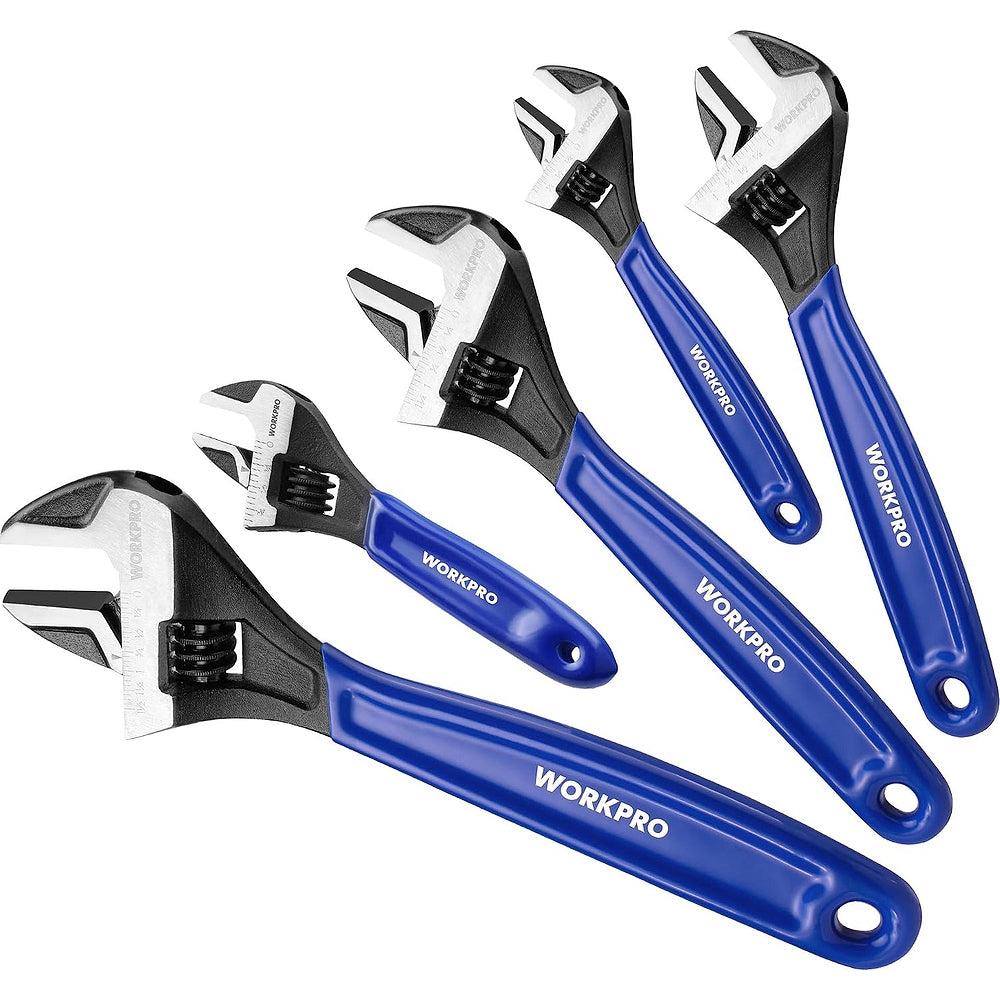 Set of five adjustable wrenches with blue grips and black adjustable heads