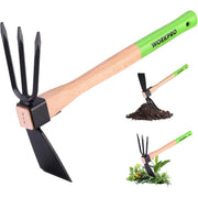 Garden hoe and cultivator tool with wooden handle, green sleeve, black hoe blade and 3-tine rake