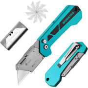 Folding pocket utility knife with teal handle and gray metal folding blade