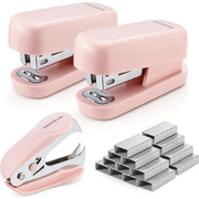 Two pink mini staplers with staple remover and metal staples