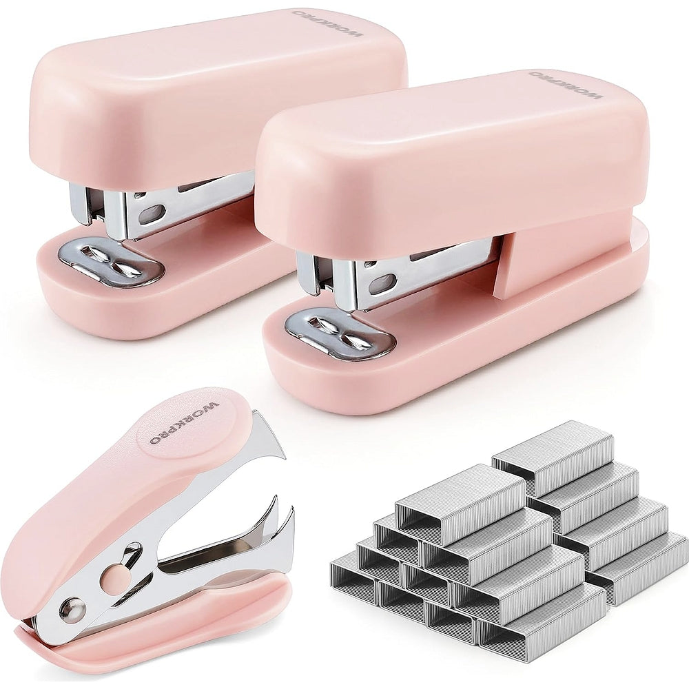 Two pink mini staplers with staple remover and metal staples