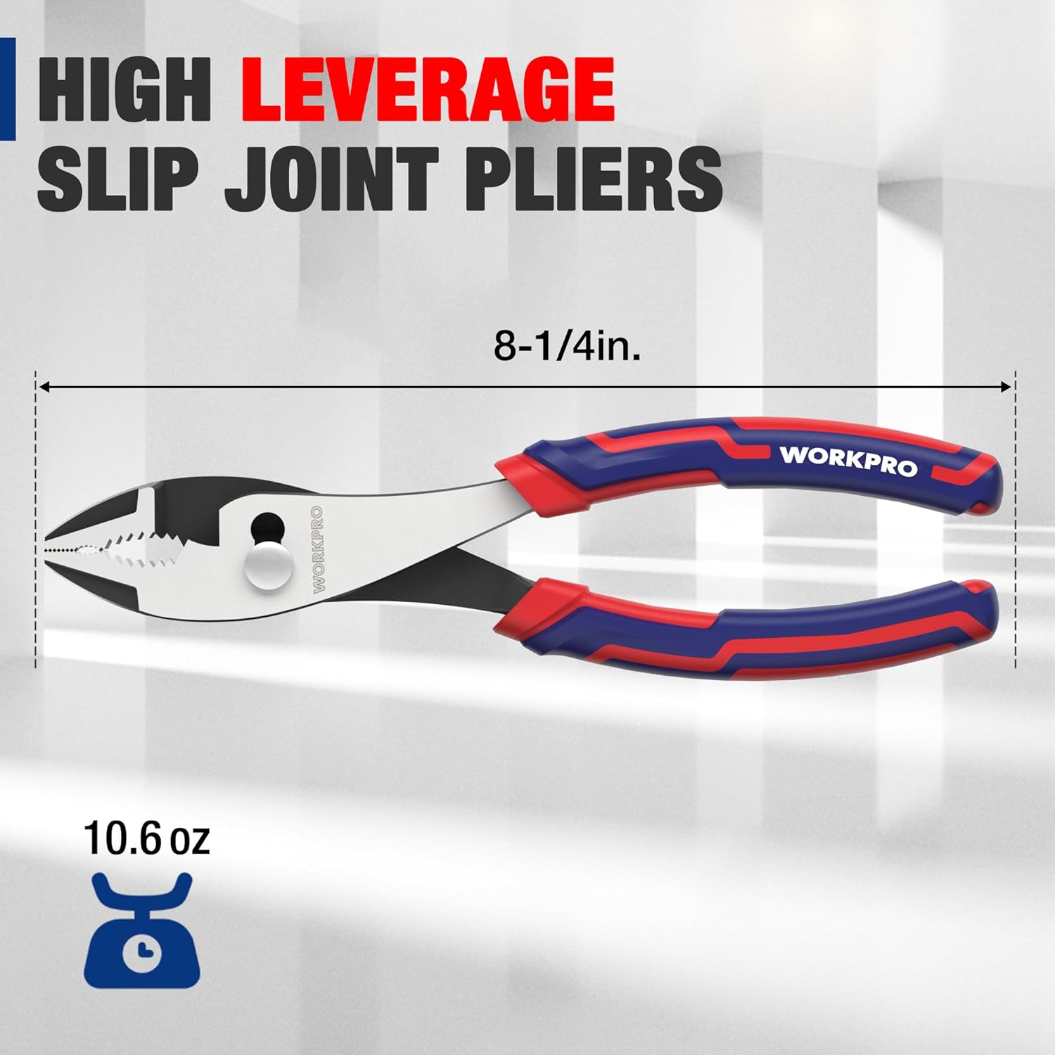8-1/4 in slip joint pliers with red and blue ergonomic grips