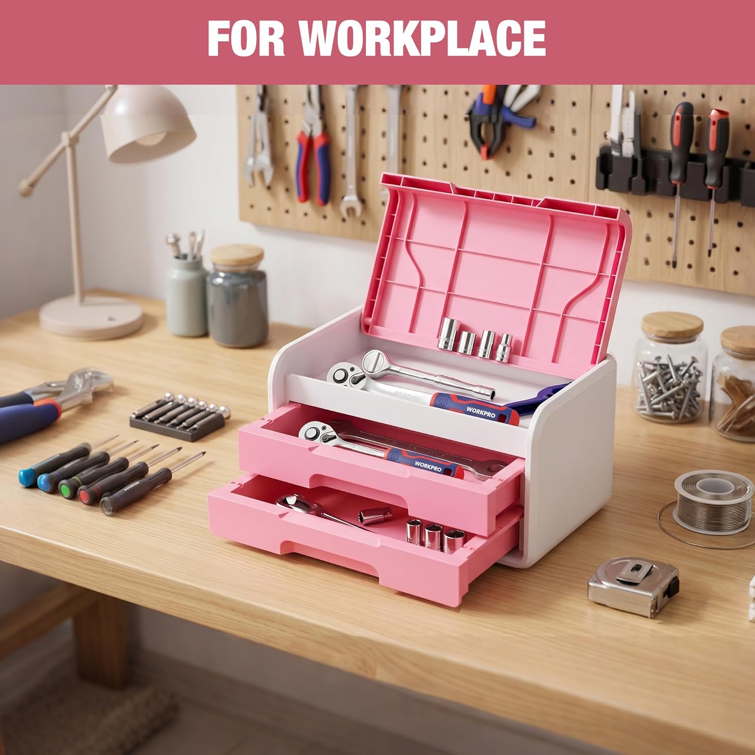 Pink and white desk drawer organizer open with flip-top lid and two pull-out drawers
