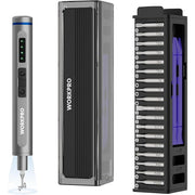 Gray precision electric screwdriver with LED, shown with metal case holding bits