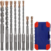 SDS-plus masonry drill bit set with carbide tips, arranged beside blue storage case