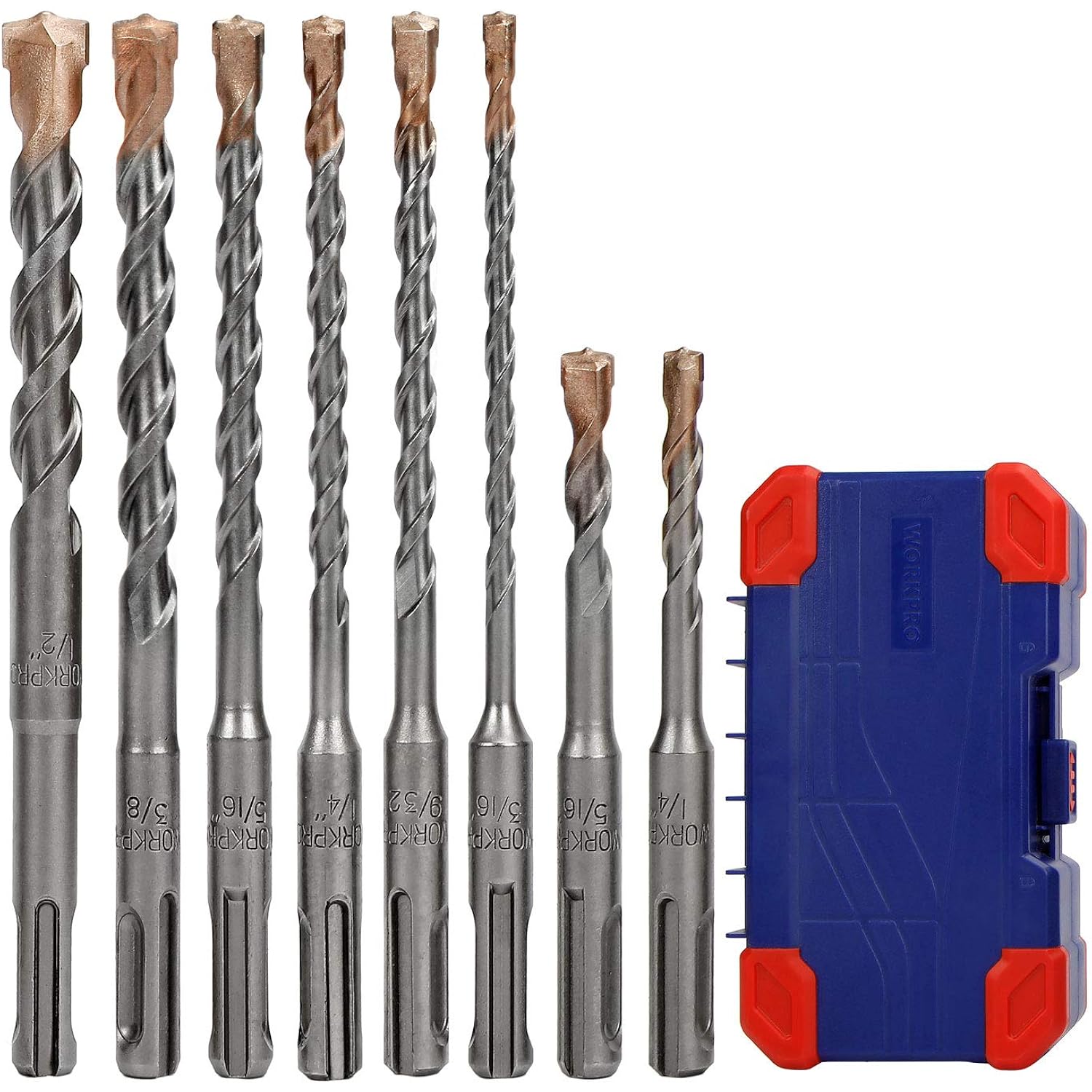 SDS-plus masonry drill bit set with carbide tips, arranged beside blue storage case