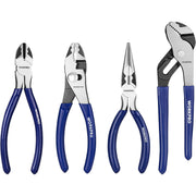 Blue-handled 4-piece WORKPRO pliers set: needle-nose, slip-joint, diagonal, groove-joint.