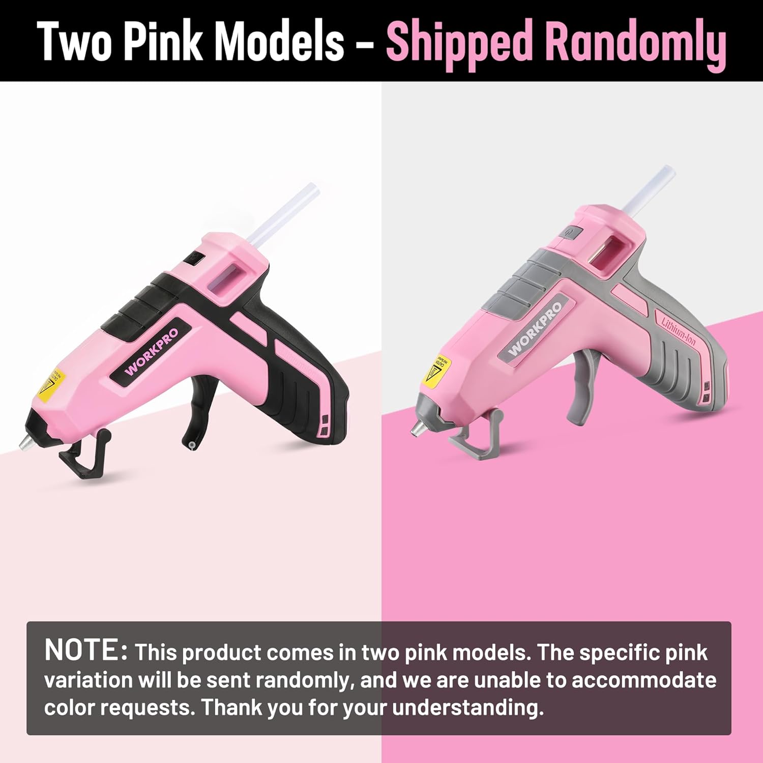 Pink cordless hot melt glue gun showing two shipped pink model variations