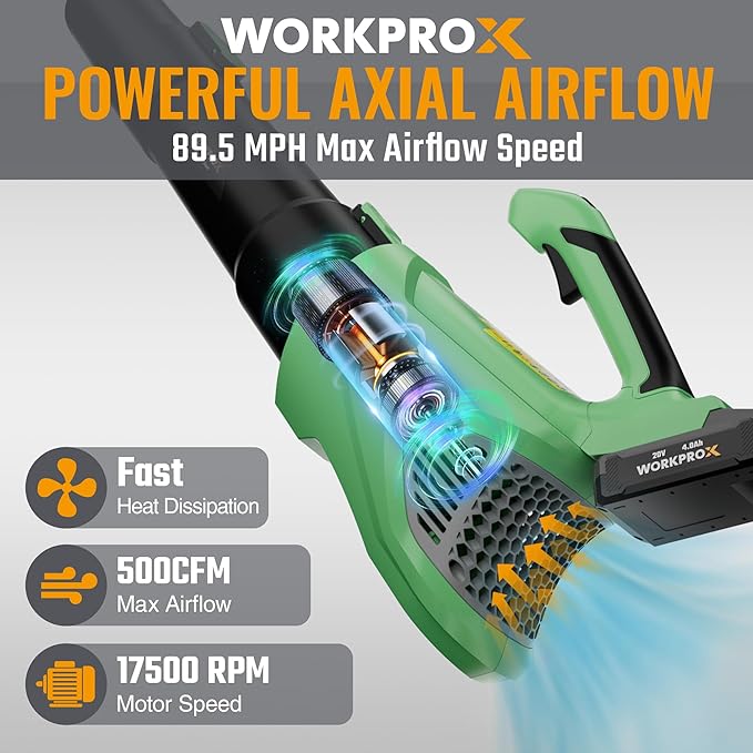 Cordless electric leaf blower showing green housing with grille and air outlet