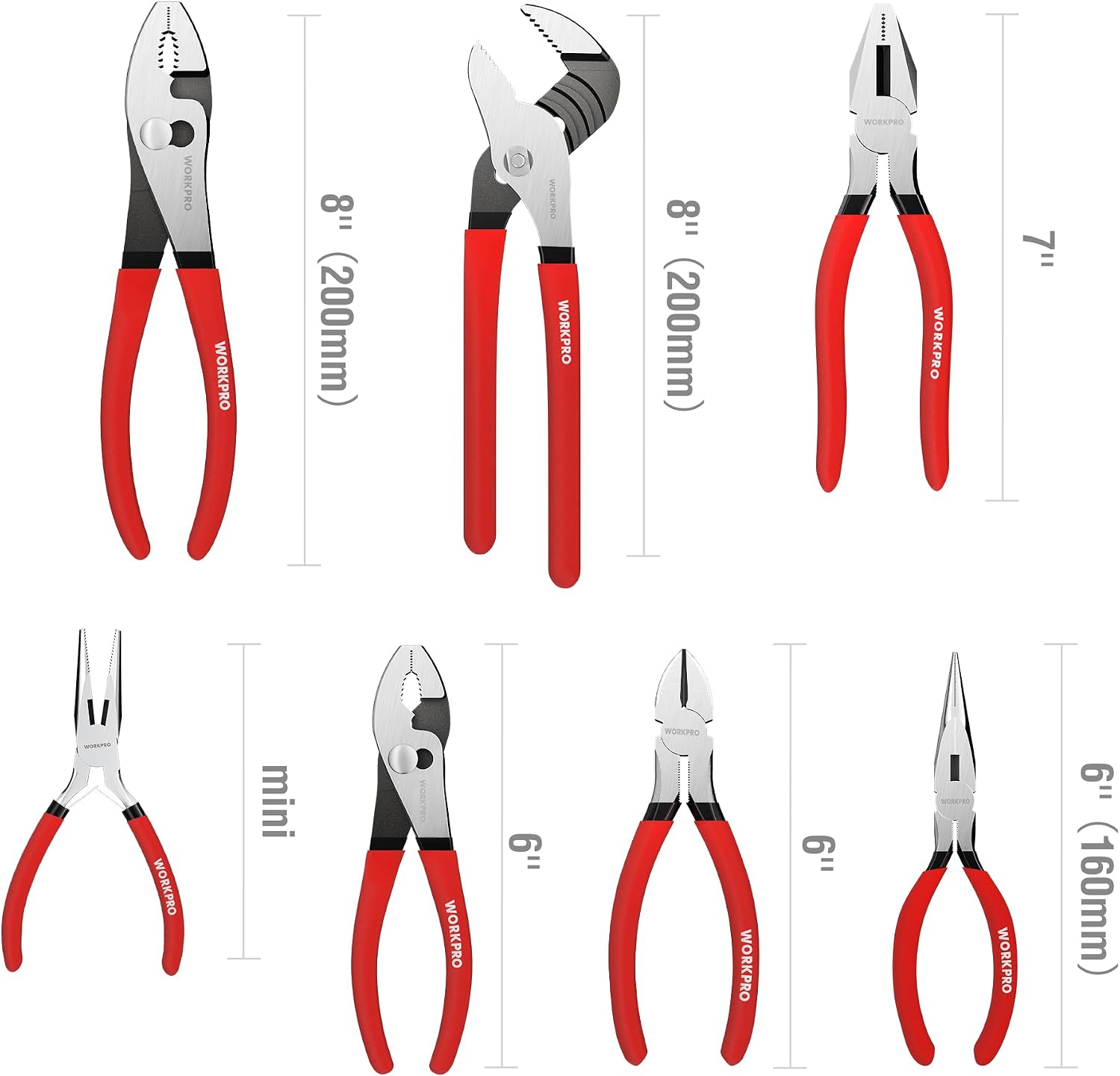 WORKPRO 7-Piece Pliers Set, Pliers Tool Set with Comfort Grip, Red | Groove Joint Plier, Long Nose Pliers, Slip Joint Pliers, Linesman Plier, Diagonal Pliers for DIY & Home Use