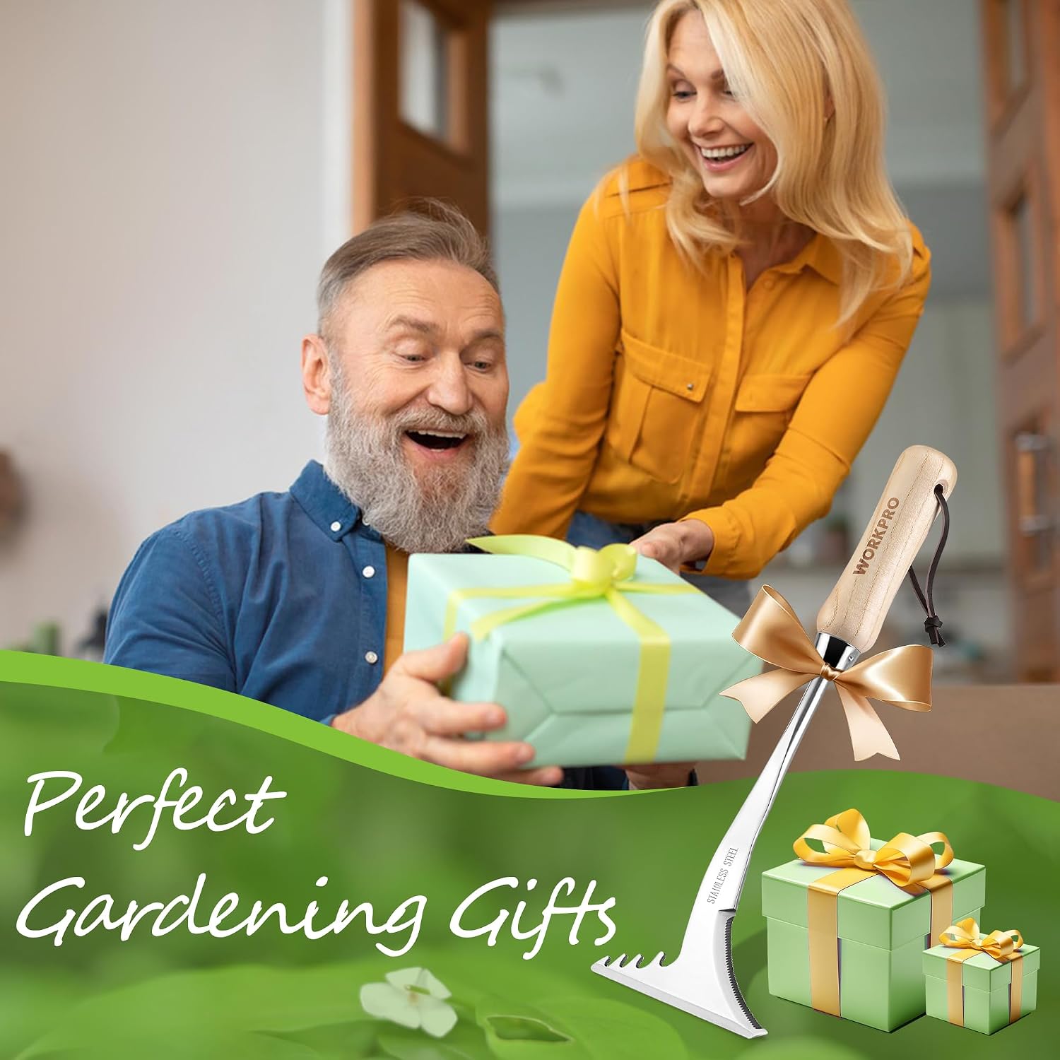 Stainless steel crack weeding tool with wooden handle, shown in use beside patio gifts