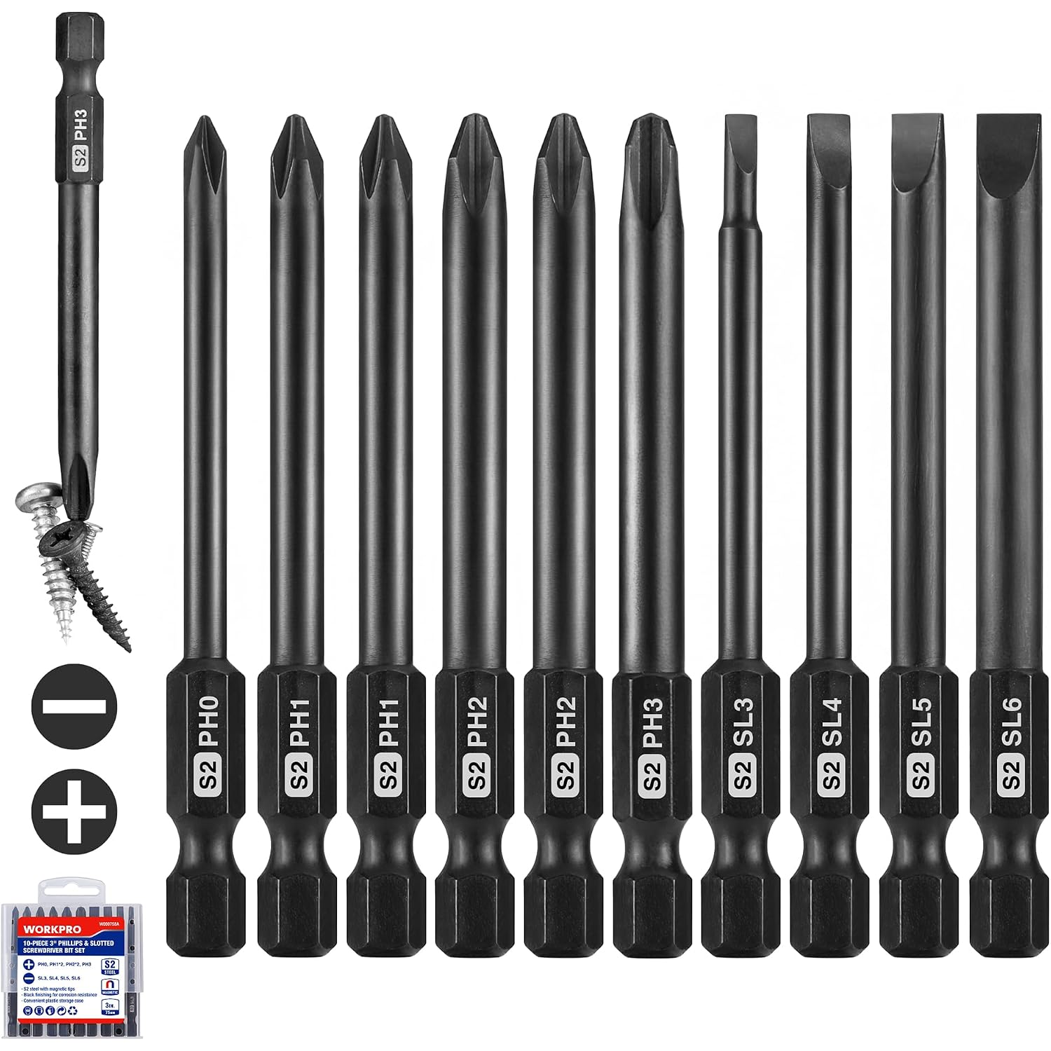 Assorted Phillips and slotted magnetic screwdriver bits with 1/4-inch hex shanks