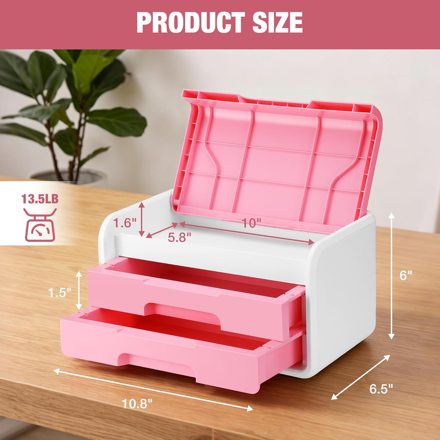 Pink and white desktop drawer organizer with flip-top lid and two drawers, side view
