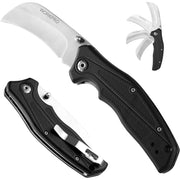 WORKPRO hawkbill folding utility knife shown open and closed, black handle with clip.