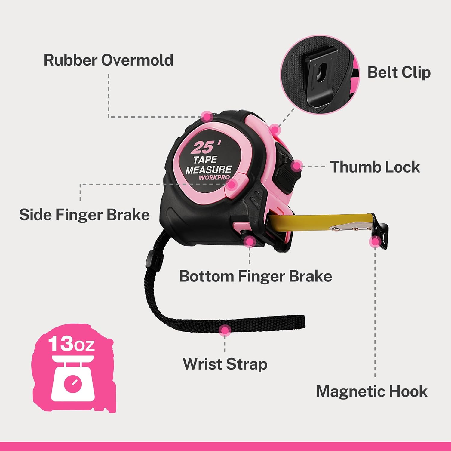 Pink and black retractable tape measure with thumb lock, belt clip, and finger brakes