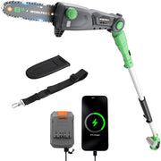 Cordless pole saw with chain bar, green grip handle, battery and phone charging accessories