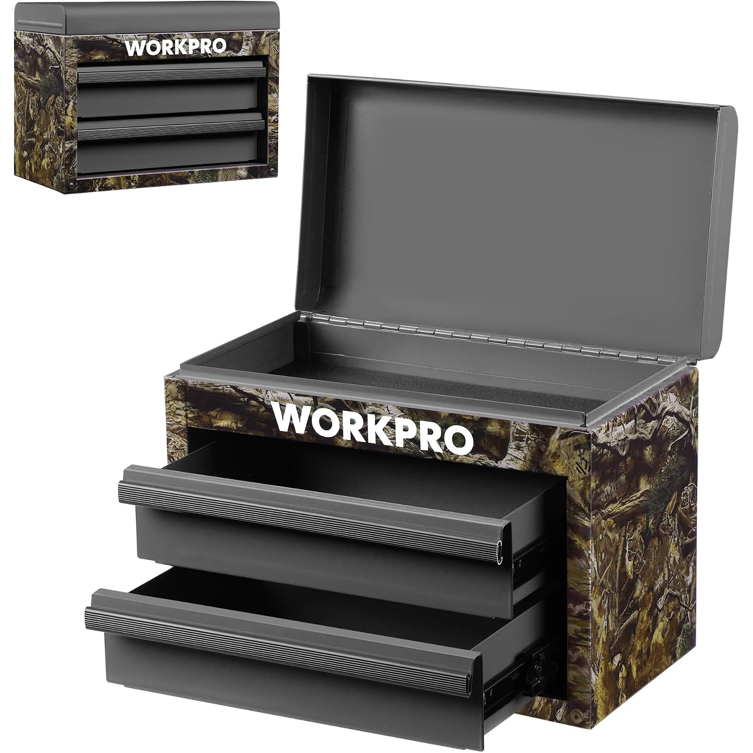 Camo mini metal tool box with open lid and two sliding drawers, front angle