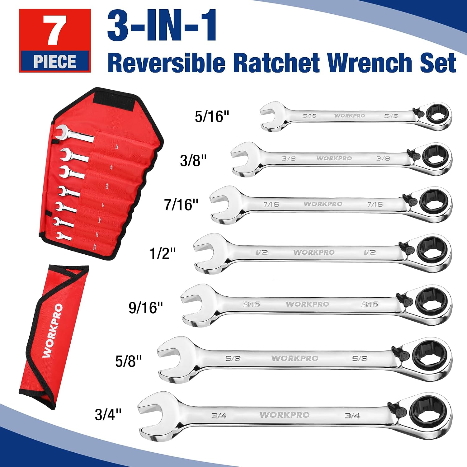 WORKPRO 7-Piece 3-in-1 Reversible Ratchet Wrench Set, SAE, durable heat-treated steel with secure ratcheting