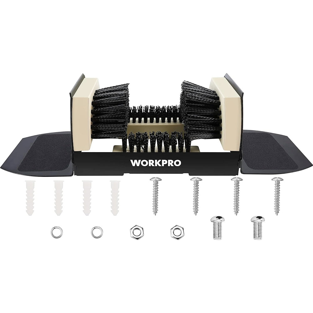 Boot scrubber replacement parts set with twin black bristle brushes, screws, and bolts