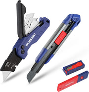 WORKPRO folding utility knives with blade storage insert, red blade guard and blue handles