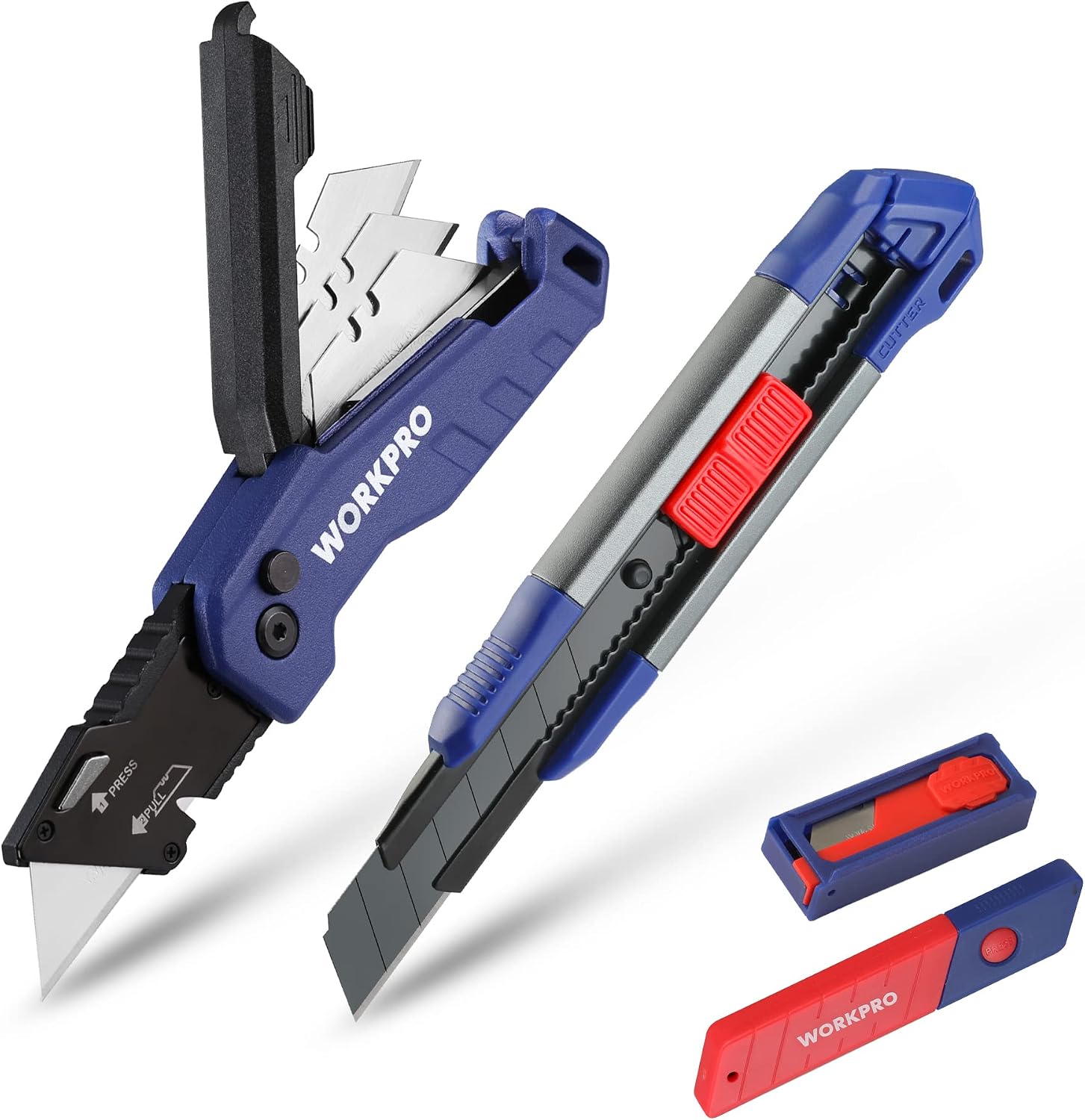 WORKPRO folding utility knives with blade storage insert, red blade guard and blue handles