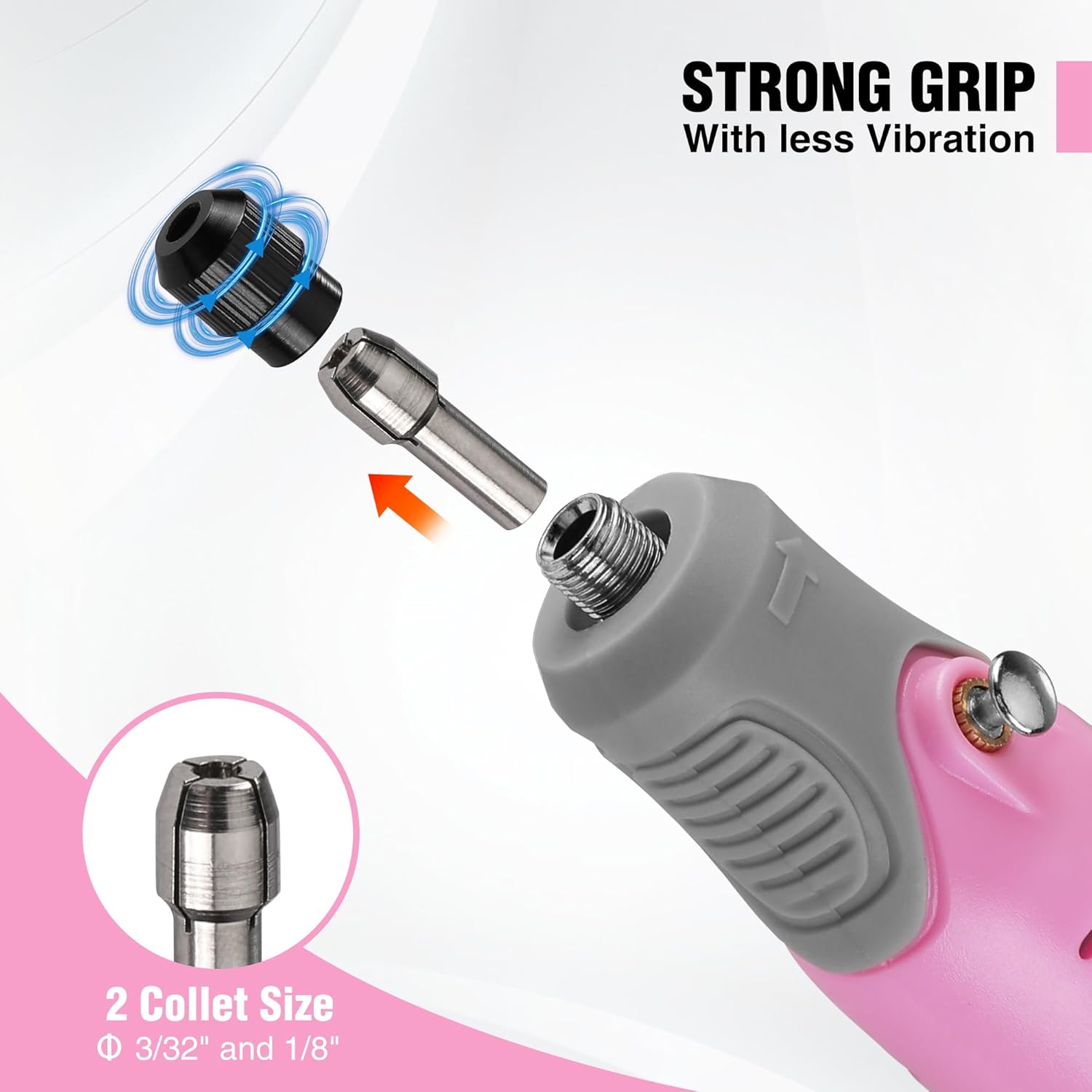 Pink rotary tool with threaded collet and strong grip handle, less vibration design