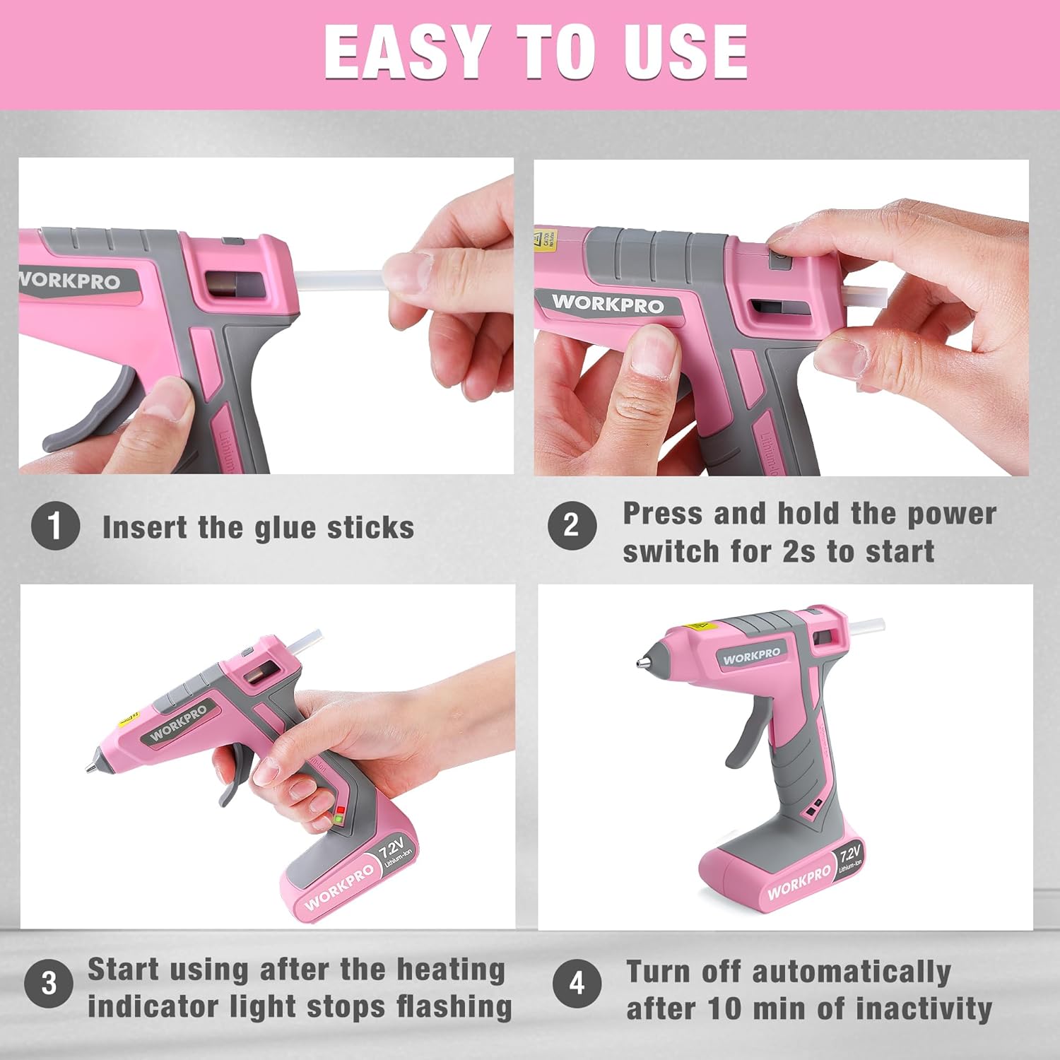 WORKPRO 7.2V Cordless Hot Melt Glue Gun Kit in pink with innovation quality and secure durable convenience