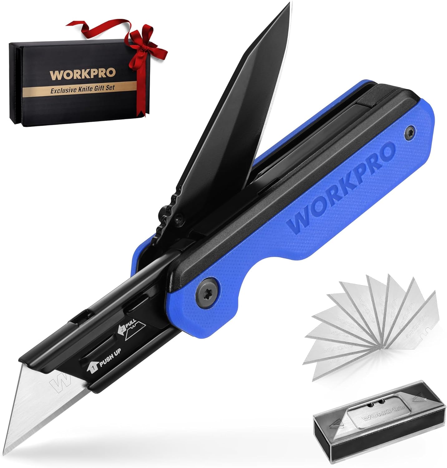 Blue folding utility knife with black blade, liner lock, and included blade box
