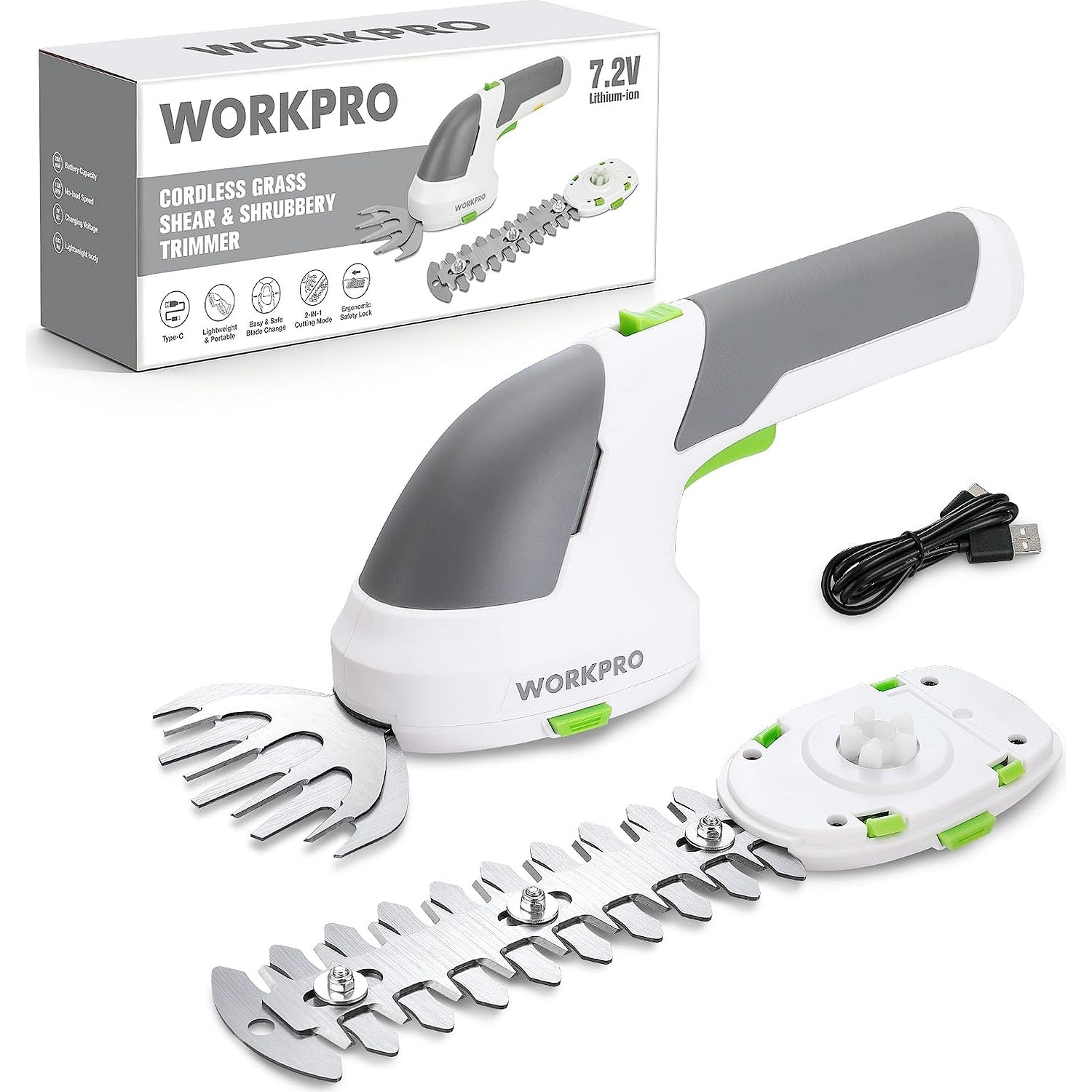 WORKPRO 2 in 1 Handheld 7.2V Electric Cordless Shrubbery Trimmer Hedge Shears/Grass Cutter, White