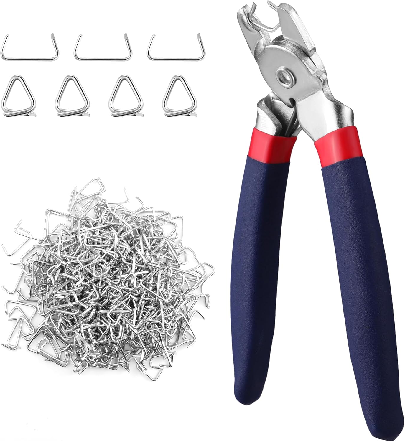 Galvanized hog ring pliers with 500 pcs U-shaped rings and metal clamp head