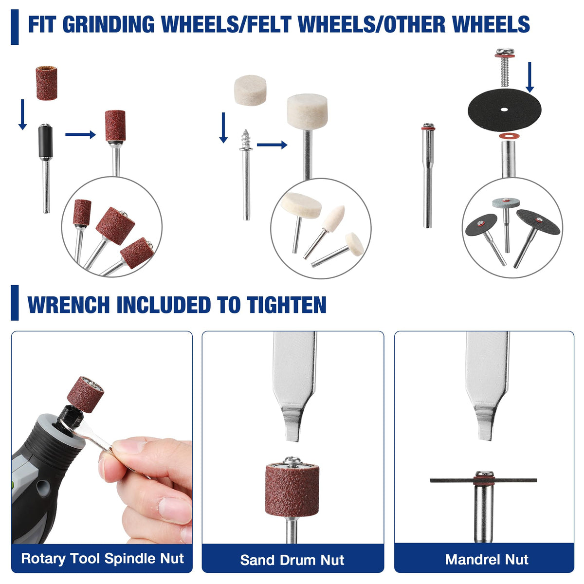Rotary tool grinding wheel set with included wrench for tightening