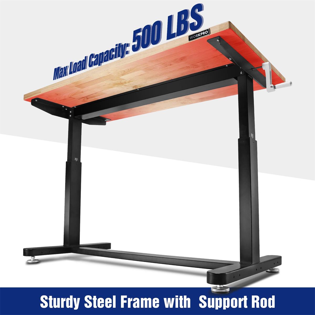 Height-adjustable work table with light wood top, black steel frame, 500 lb max load.