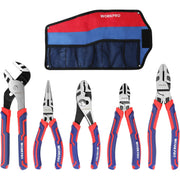 WORKPRO 5-piece pliers set with red-blue storage pouch and matching blue-red handles