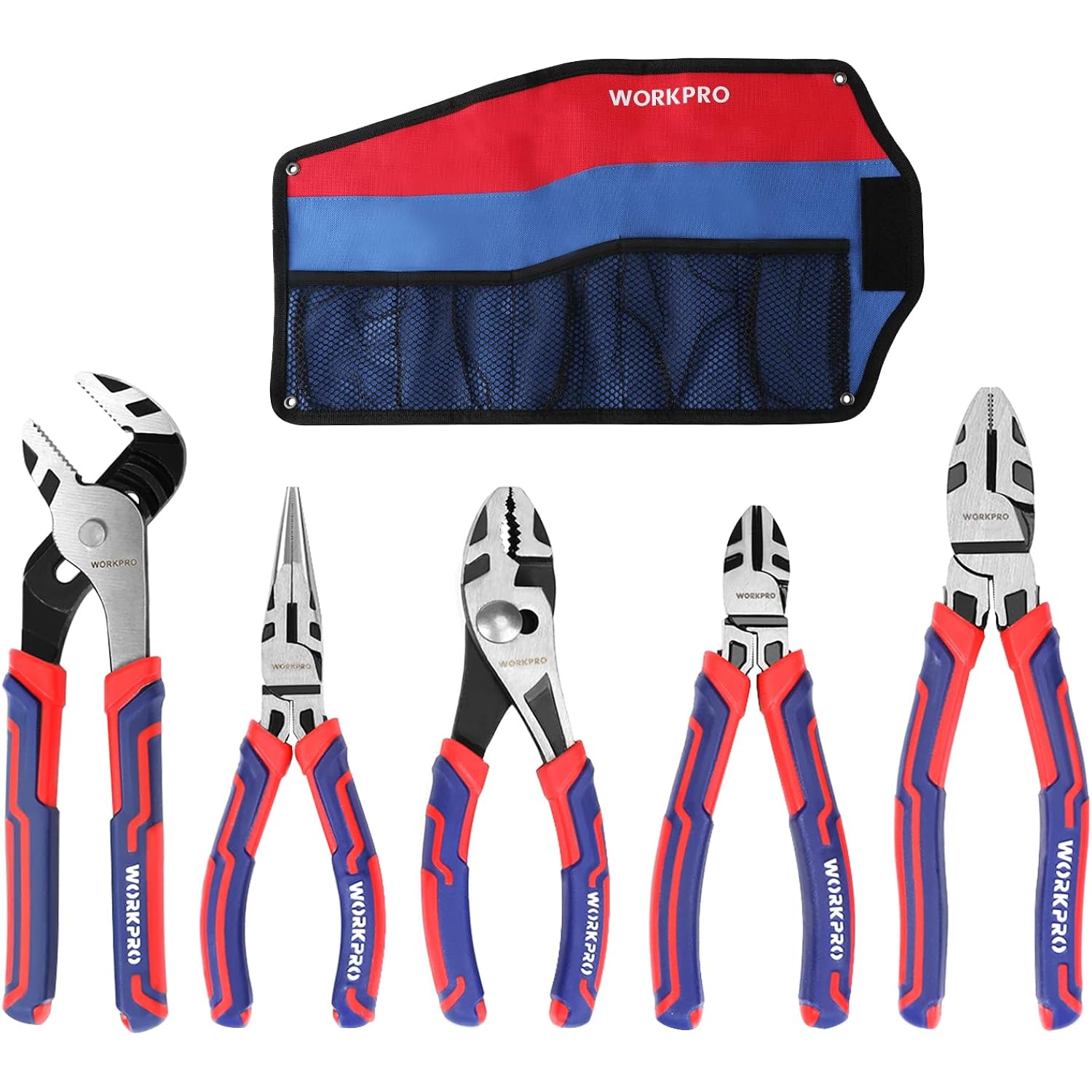 WORKPRO 5-piece pliers set with red-blue storage pouch and matching blue-red handles