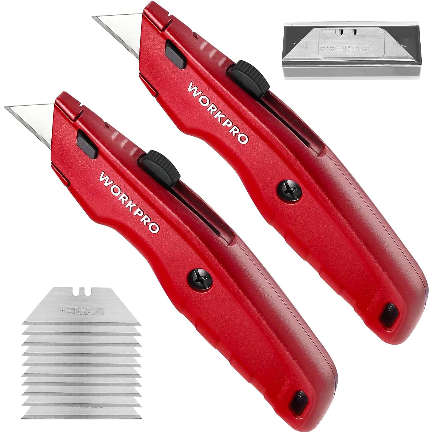 Red retractable utility knife set with spare blades stored in the base