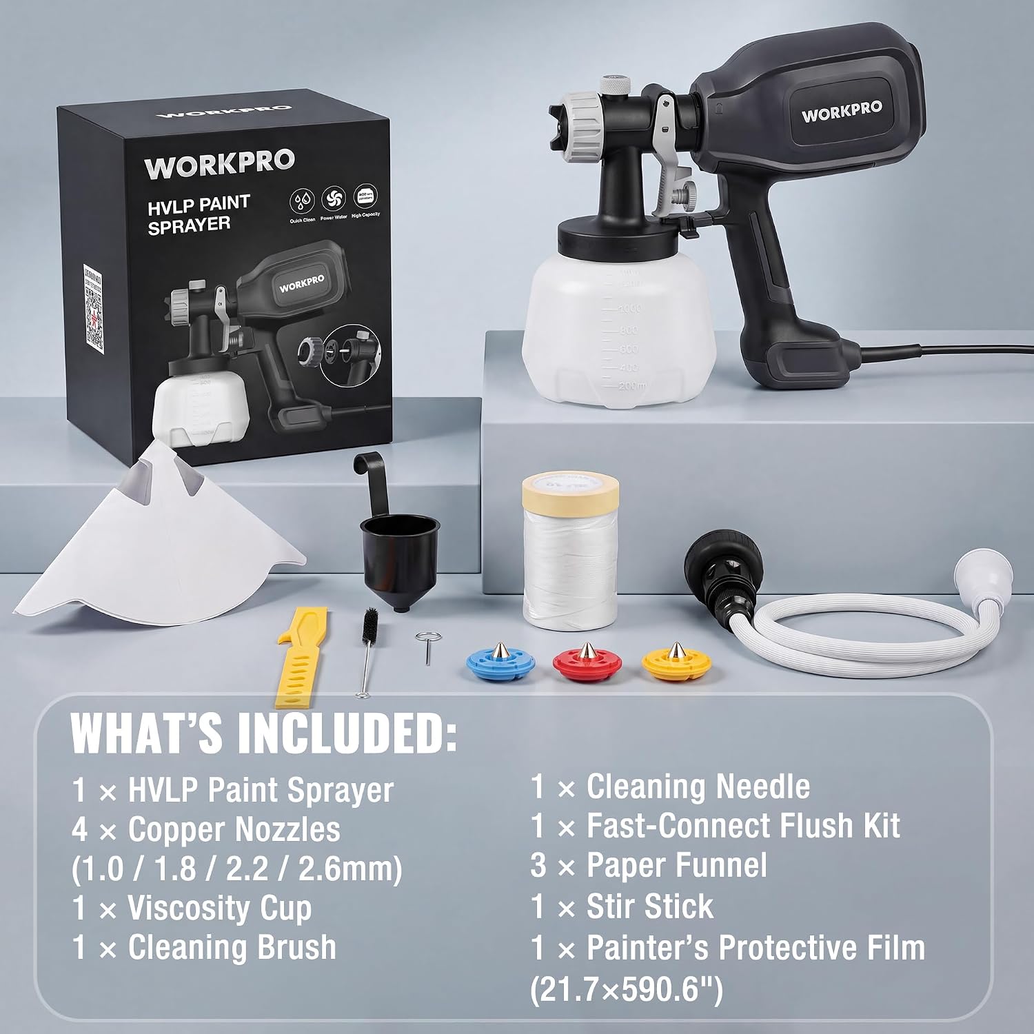WORKPRO Paint Sprayer HVLP gun in black and white with adjustable flow control knob, innovation quality